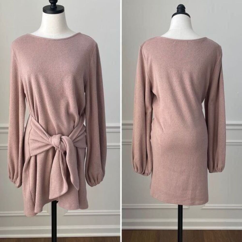 Saints + Secrets Beige Knit Front Knot Dress Balloon Sleeves L